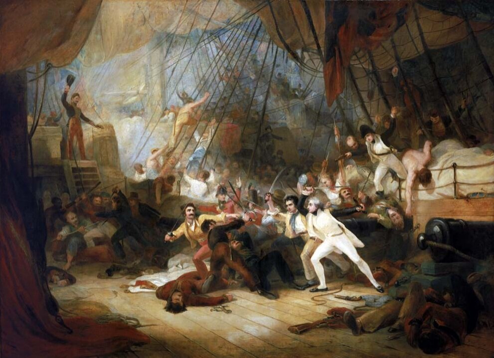 Коммодор Нельсон и 1-й лейтенант Эдвард Берри возглавляют абордажную атаку на испанский линейный корабль "Сан Николас". Изображение из открытых источников.