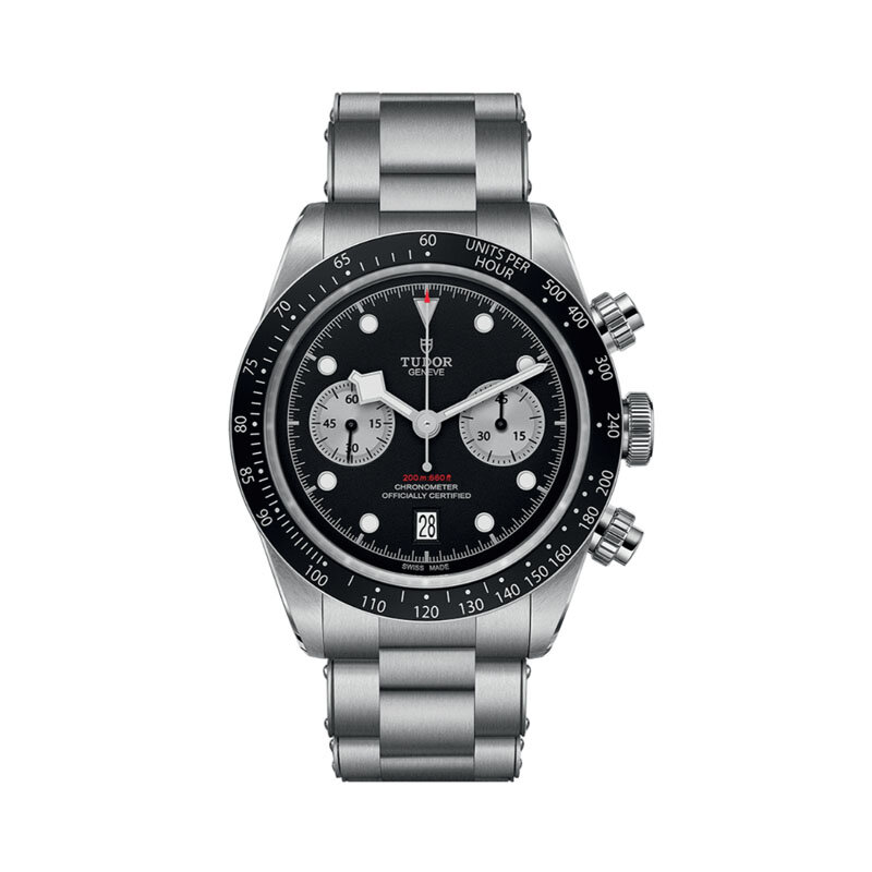 Часы Tudor Black Bay Chrono из стали с хронографом, автоматическим подзаводом, водонепроницаемостью 200 м, запасом хода 70 часов, датой и секундной стрелкой на 9 часах