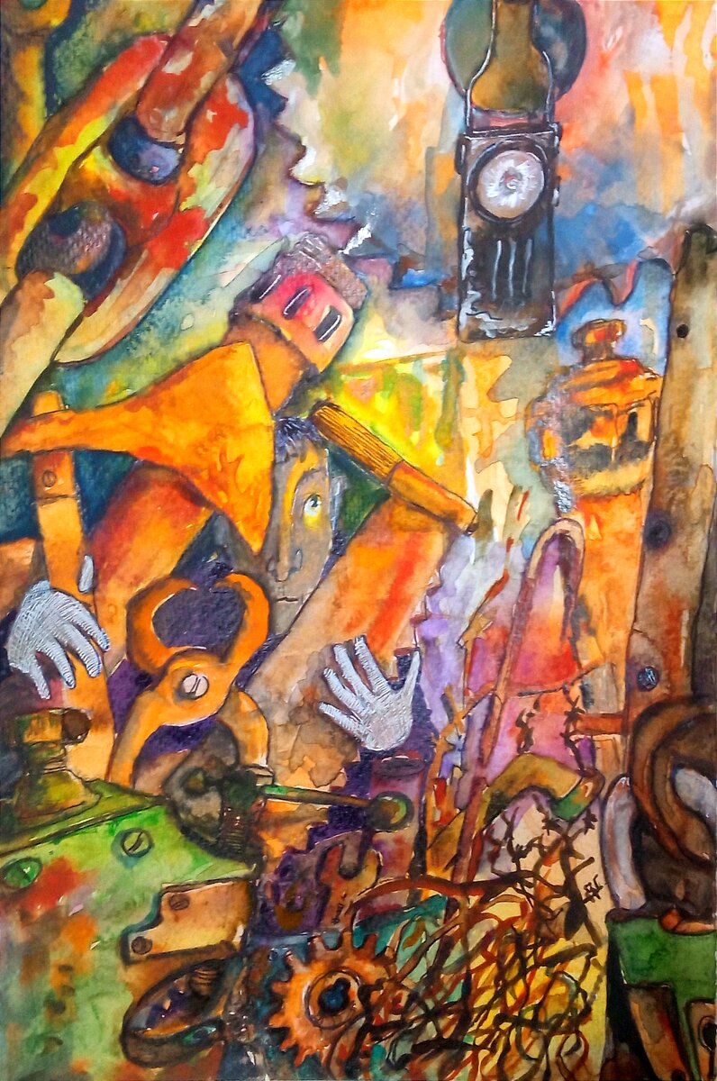 Акварель./ Мастерская собирателя старого железа,коллекционера ненужных для других людей вещей, изобретателя -индивидуалиста и в тоже время эстетта...✨⚒️