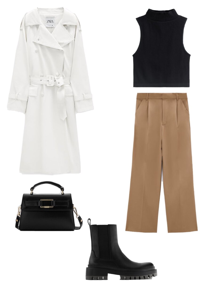 Тренч, топ, брюки, сумка, обувь; все - Zara
