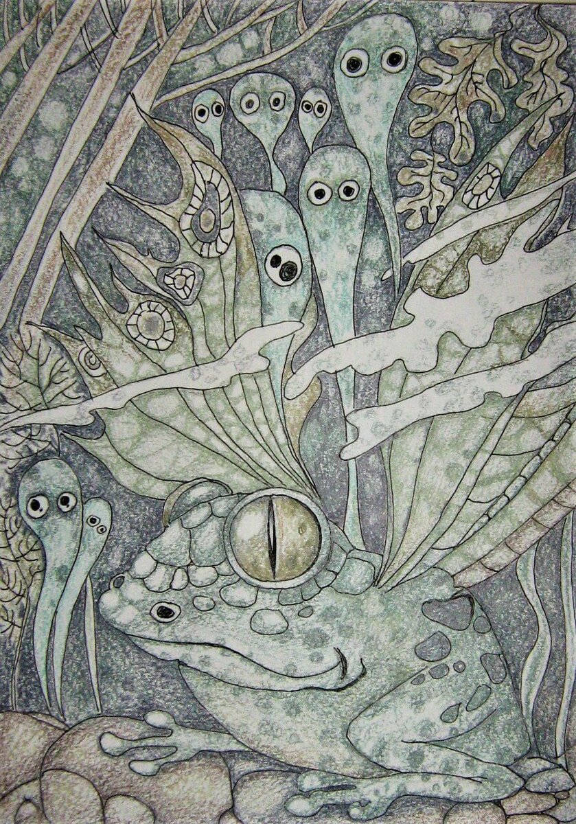 Не по теме, но для удовольствия. Лягушка и призраки. Рисунок автора, цветные карандаши.