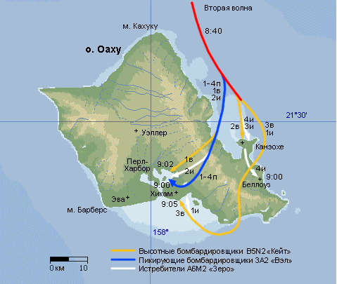 О. Оаху, Гавайские о-ва. Схема второй волны японского авиаудара по базе Пёрл-Харбор