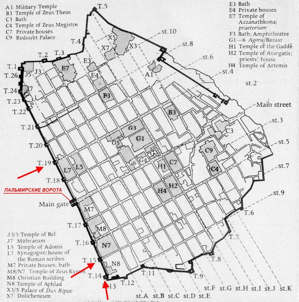 План крепости Дура-Европос. Красными стрелками показаны направления персидских атак. 