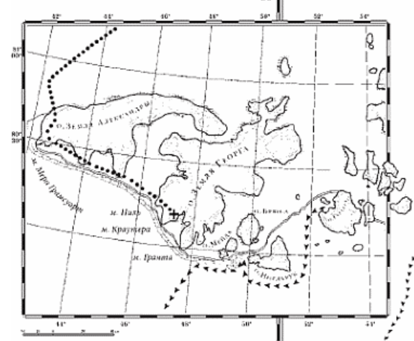 Путь пешком показан точками, путь на каяках - двойной пунктирной линией. Сплошная двойная линия показывает, судя по всему, границу льдов. А стрелками показан путь "Св. Фоки", о чём речь ещё впереди
