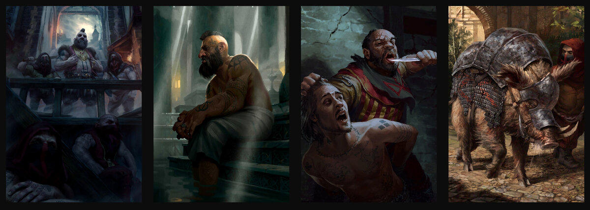 1- Златорубы и их лидер. 2 - Карл Варезе по прозвищу Тесак, второстепенный персонаж в игре Ведьмак 3: Дикая Охота, предводитель одной из четырех криминальных группировок в Новиграде. Организатор скачек. В том случае, если Геральт помогает Трисс вывезти чародеев из Новиграда, а охотники за колдуньями «переключаются» на нелюдей, то Карл оказывается сожжен на костре. 3 - Скульптор Ферко был убийцей на службе у Златорубов. Имел привычку облизать свой нож перед убийством. 4 - Сэр Острый Клык, кабан, принадлежащий Златорубам. Он был полностью закован в металлические пластины и использовался краснолюдами для боев.