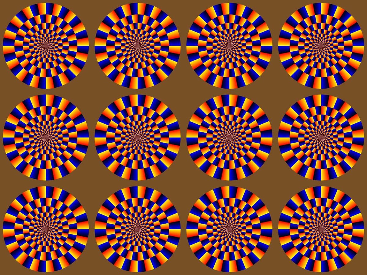 Эта немного упрощенная версия иллюзии вращающихся змей использует контраст цвета и яркости для усиления иллюзии.