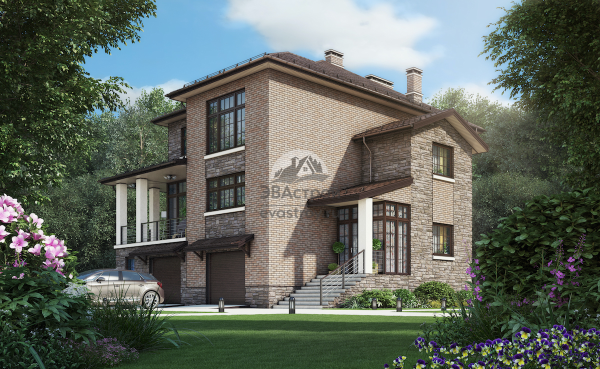 Проект двухэтажного дома 365 м2 с цокольным этажом, гаражом, крыльцом и террасой - 09-396