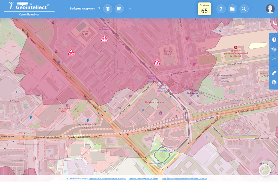 Зоны пешей доступности до контейнеров раздельного сбора пластика 1-го и 2-го типов