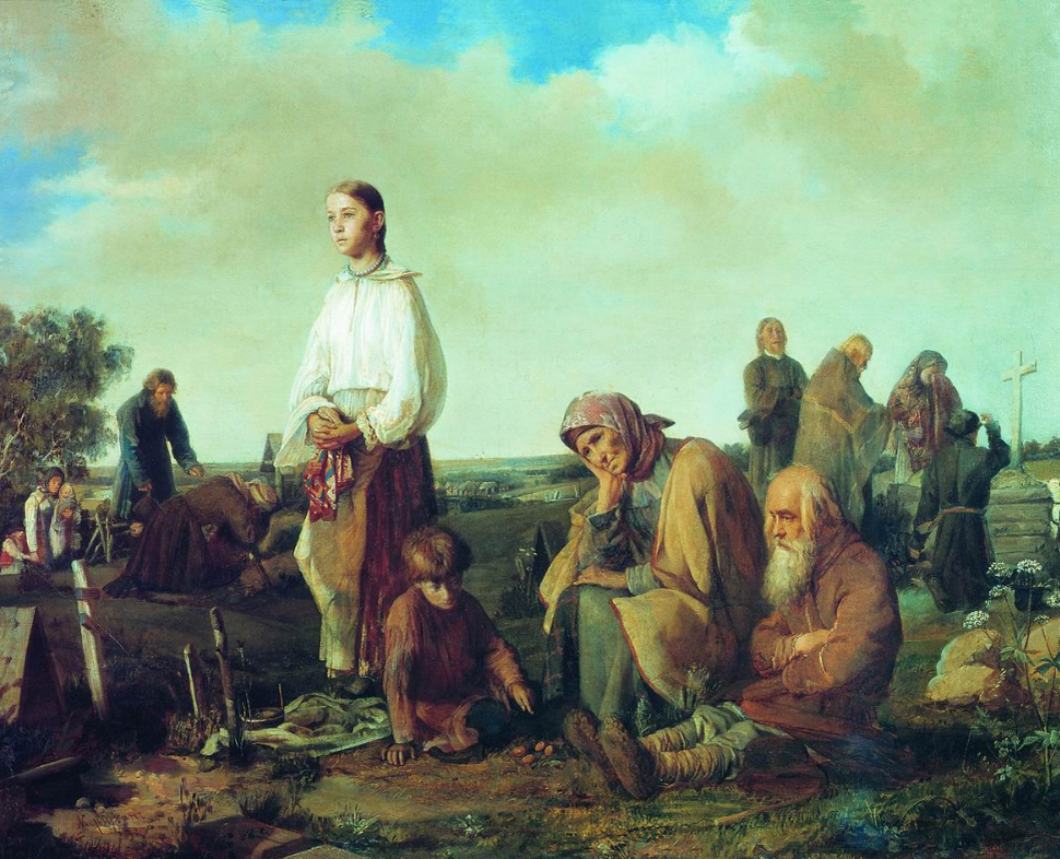 А. Корзухин «Поминки на кладбище», 1865. Источник: art-catalog.ru
