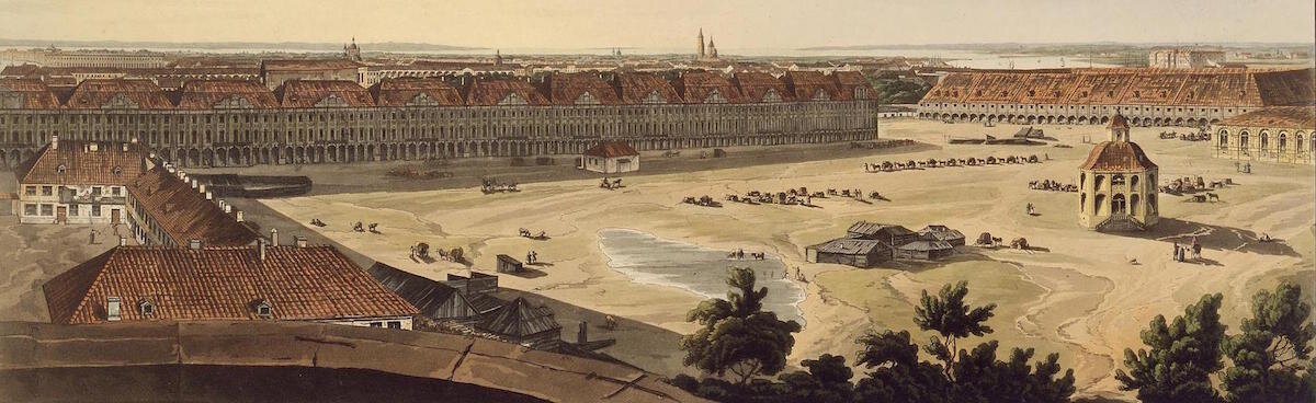 Вид на здание Двенадцати коллегий и площадь Васильевского острова. Гравюра Джона Аткинсона. 1802–1805 годы. 
© Государственный Эрмитаж