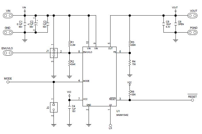 
Рисунок 1. Принципиальная схема платы MAXM15462EVKIT