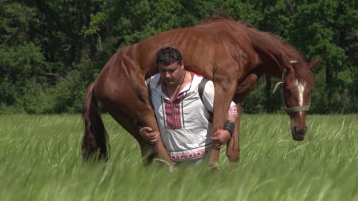 Сойти с лошади. Человек несет лошадь на плечах. Поднял коня. Человек поднял лошадь.
