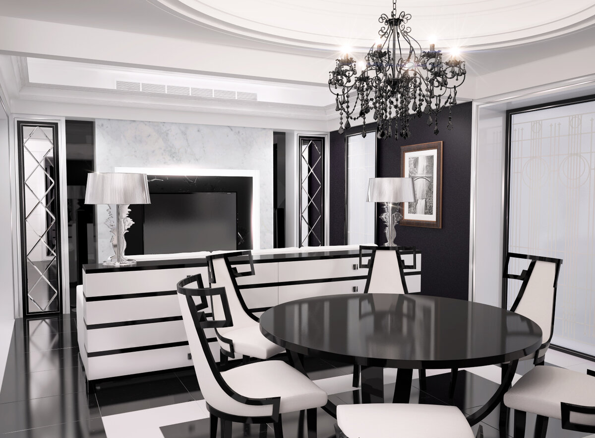 В стиле арт-деко допустимы цветовые контрасты, однако исключительно в качестве слишком темного, либо напротив белоснежного гарнитура. О разноцветных полосах и ляпистых обоях не может идти и речи! Этот изысканный стиль подразумевает лишь благородную гамму: белый, кремовый, металлический.