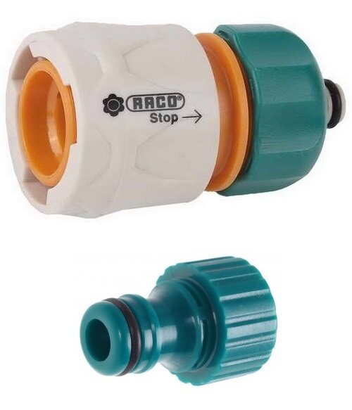 Соединитель 1/2" (шланг-насадка) с автостопом RACO 4250-55205C и адаптер 1/2" RACO 4250-55214T.