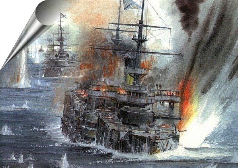 Гибель эскадренного броненосца "Ослябя" в Цусимском сражении (27-28 мая 1905 года). Художник: В.С. Емишев.