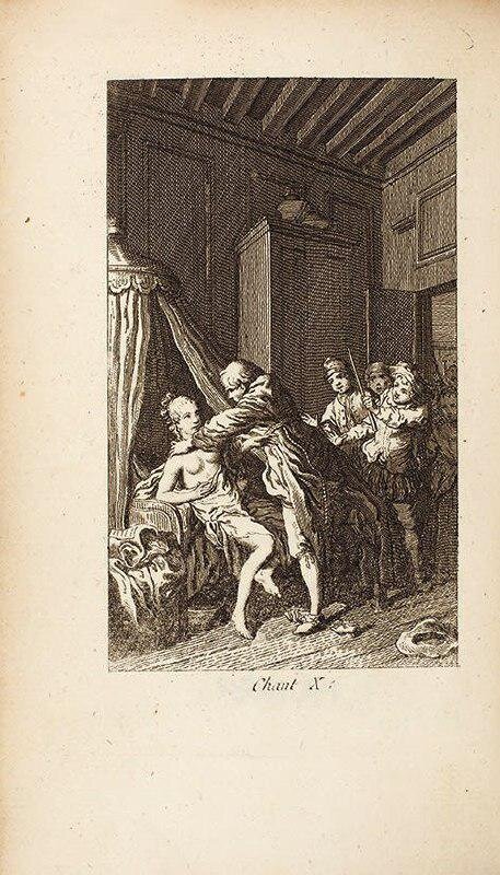 Гравюра из книги Орлеанская девственница. Вольтер. [La pucelle d’orleans, poeme. На фр. яз.]. [Женева], 1762.  