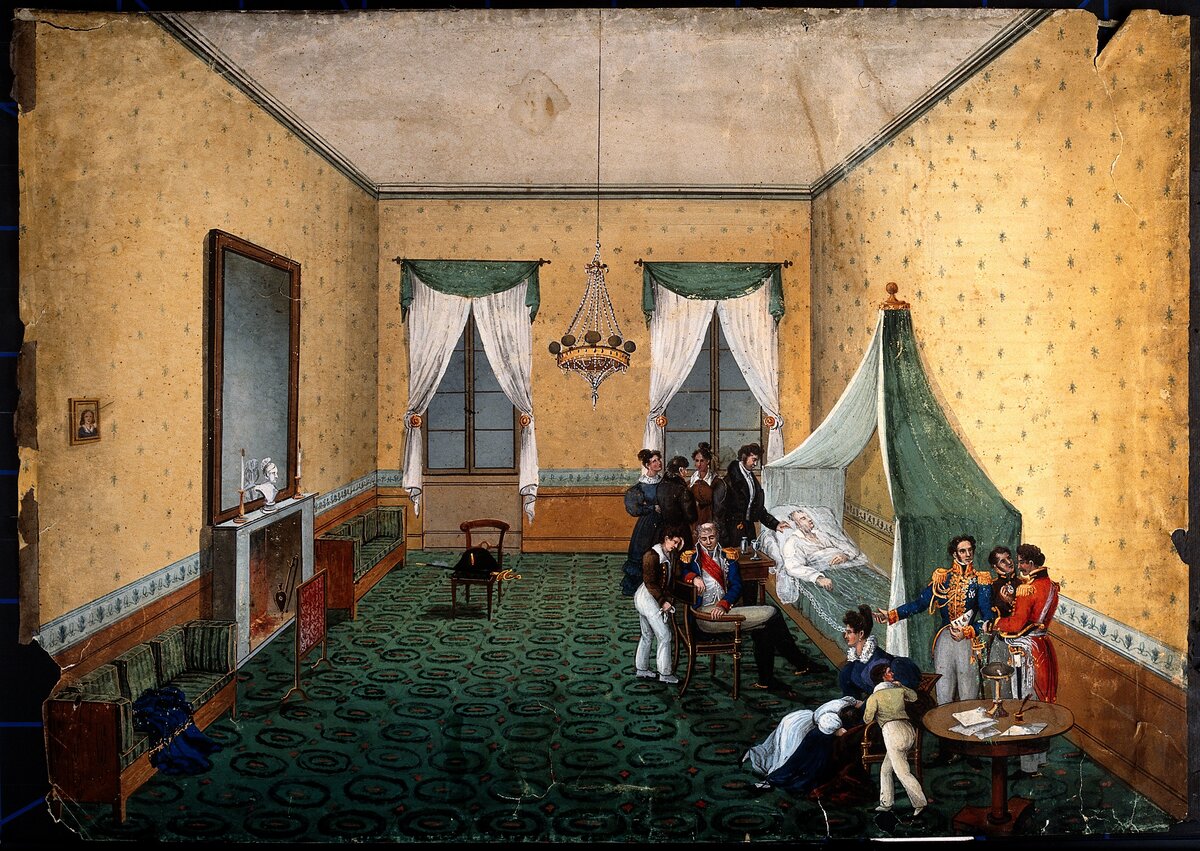 Реалистичная (но примитивная) зарисовка смерти Наполеона в комнате в простом доме, где он содержался под стражей