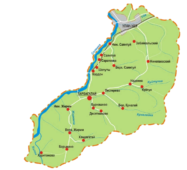 Карта Тарбагатайского района, где указаны все села, о которых пишется в «Возвращении».