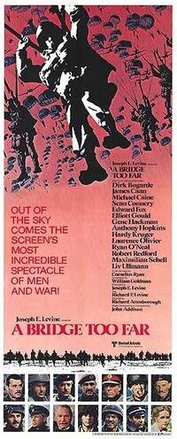 A bridge too far ("Мост слишком далеко") - всемирно известный фильм (военная драма), посвященный трагедии ВДВ Союзников (британских, американских и польских десантников; вне фильма в операции участвовали и французские десантники, и голландские бойцы Сопротивления). Они должны были захватить и удержать мосты через Рейн в Нидерландах, по которым танки Союзников прорвались бы в Германию.  Для этого была выделена целая Армия ВДВ из более чем 7 дивизий. У наступающих было полное превосходство в воздухе. Несмотря на это, высадившиеся части были по-одиночке разбиты немцами, не имея достаточного вооружения для борьбы с танками врага, тяжелой артиллерии и средств для штурма городских кварталов. Наземным войскам, наступавшим на встречу, отчасти удалось прорвать немецкие позиции, но недостаточно быстро для того, чтобы спасти десантников. Около трети из 42000 десантников погибло или попало в плен, а цель - прорыв за Рейн - не была достигнута. (Im. source: Wiki)