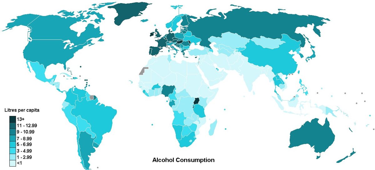 Потребление алкоголя на душу населения в странах мира
