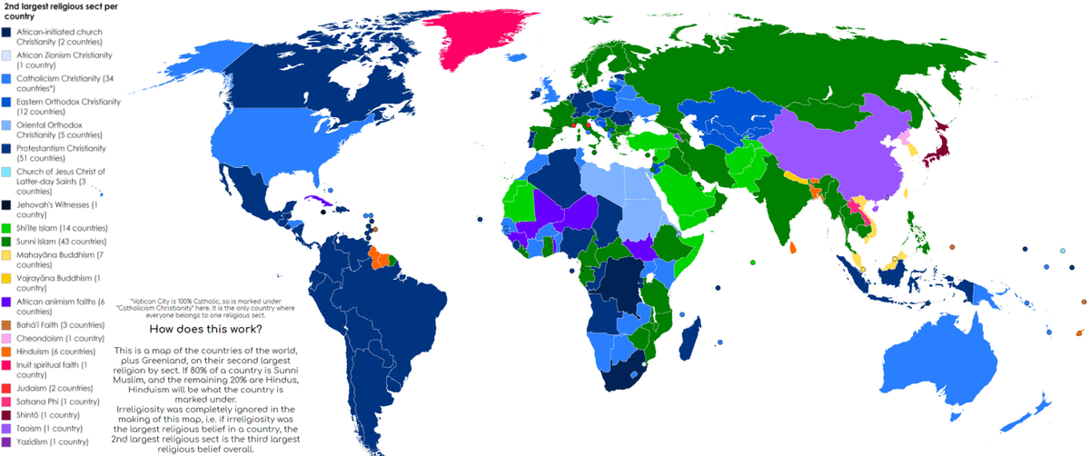 2-ая религия по количеству последователей в странах мира