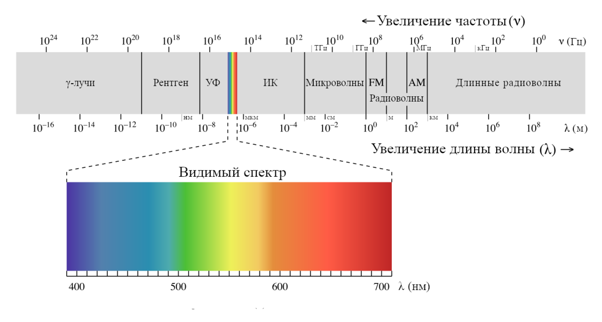 Электромагнитное излучение, выделен видимый спектр, обратите внимание, что границы отличны от описанных в тексте, причиной этого служат индивидуальные особенности зрения у каждого человека (Изображение взято из свободных источников)