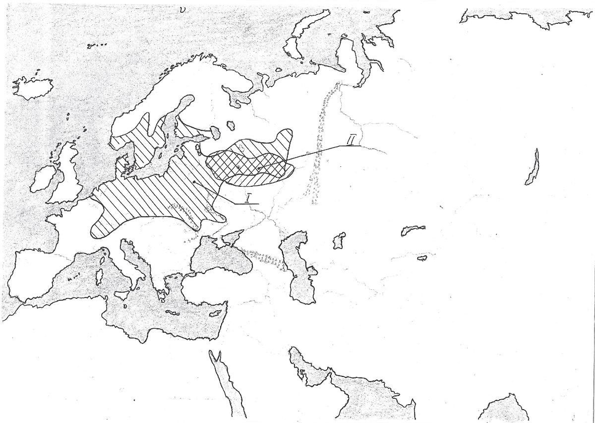 Культуры III-II тыс. до н.э. шнуровой керамики-боевых топоров (I) и Фатьяновская (II)
