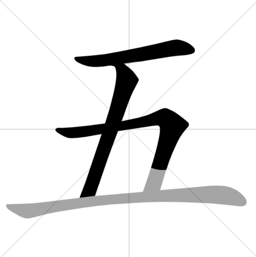 Написание числа "пять"  словом на китайском от руки. Шаг 3.