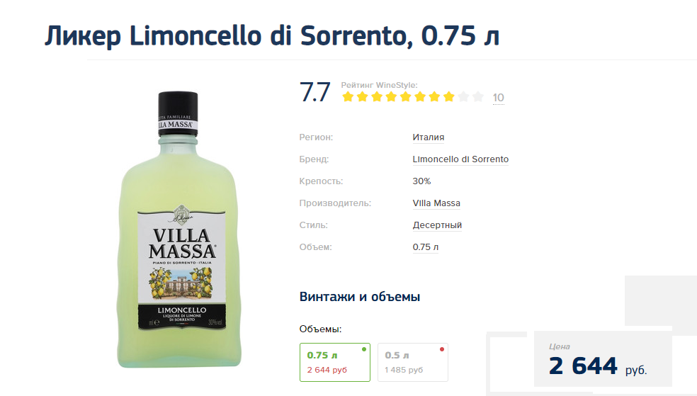 Традиционный итальянский ликер "Villa Massa Limoncello" в российской сети винных магазинов (май 2021 г.)