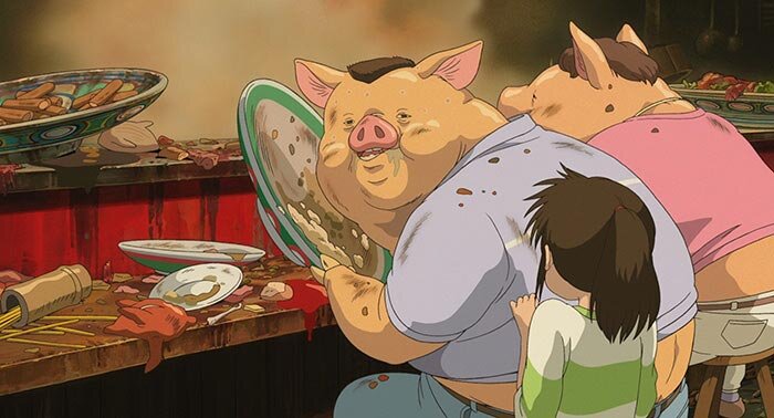 Кадр из мультфильма “Унесенные призраками” (режиссер  Хаяо Миядзаки, 2001 год), который олицетворяет смертный грех “обжорство”.