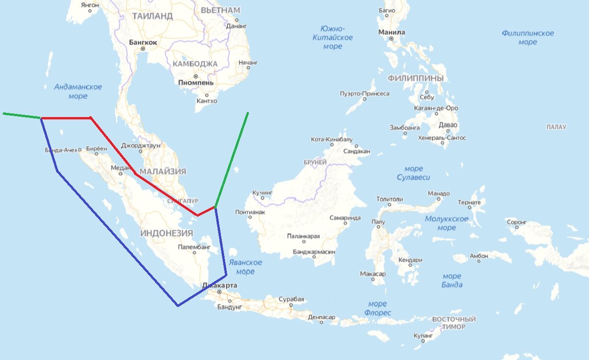 Маршрут прохода из Тихого океана в Индийский Малаккским (красный) и Зондским (синий) проливами, Яндекс.Карты