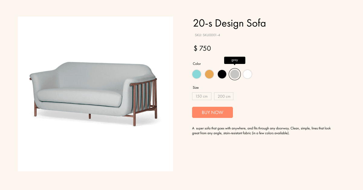 Карточка товара с выбором разных параметров товара