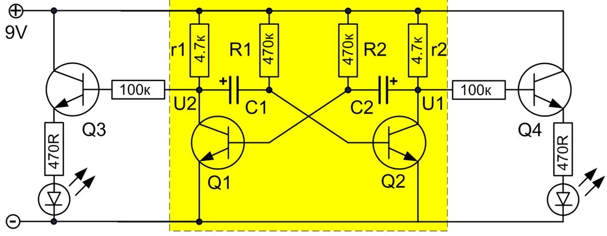 Схема мультивибратора для изучения принципов его работы.