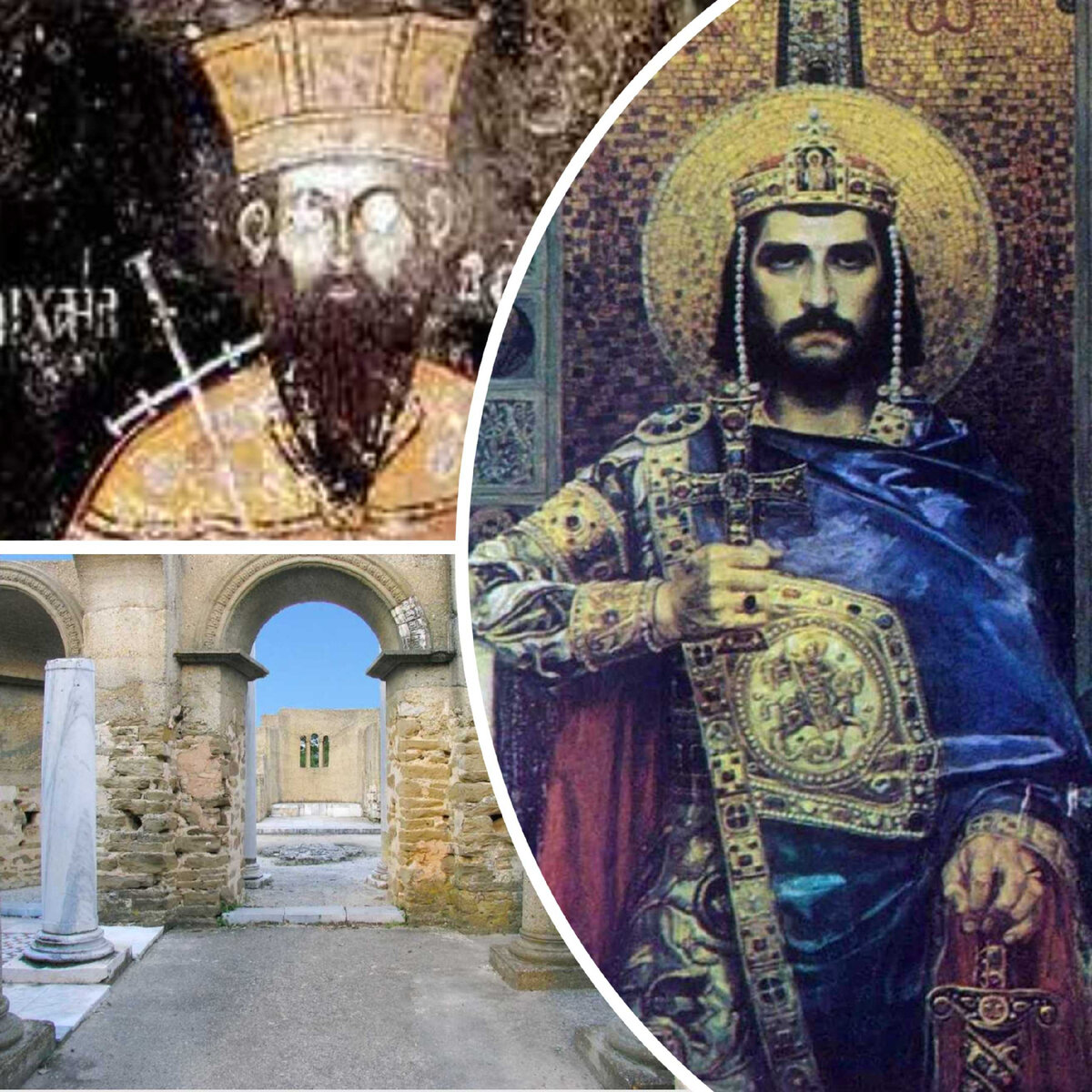 Борис  I  Михаил. Внизу - руины старой болгарской столицы Великий Преслав.