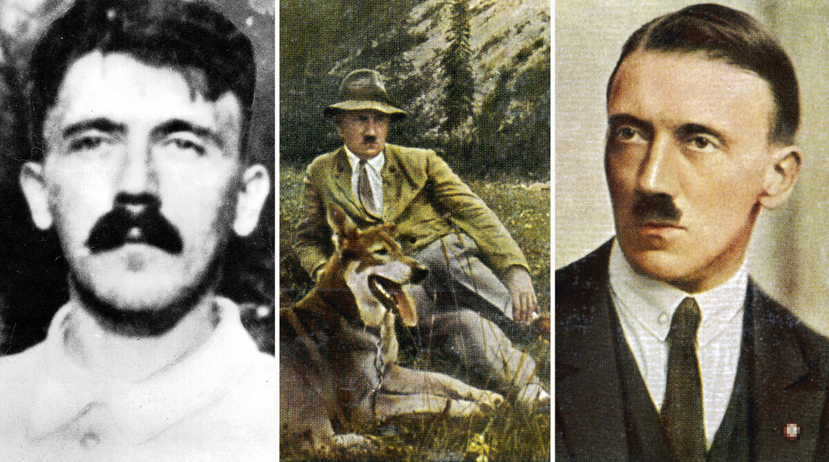    Адольф Гитлер в 1918 году в военном госпитале, в 1933 году с собакой и в 1923 году