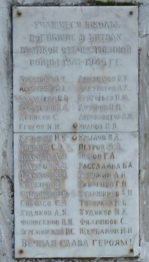 Памятный знак установлен у здания Бурашевской СОШ в 1975 году. На передней части расположена мемориальная доска с именами учителей и учеников школы, погибших в годы годы Великой Отечественной войны.