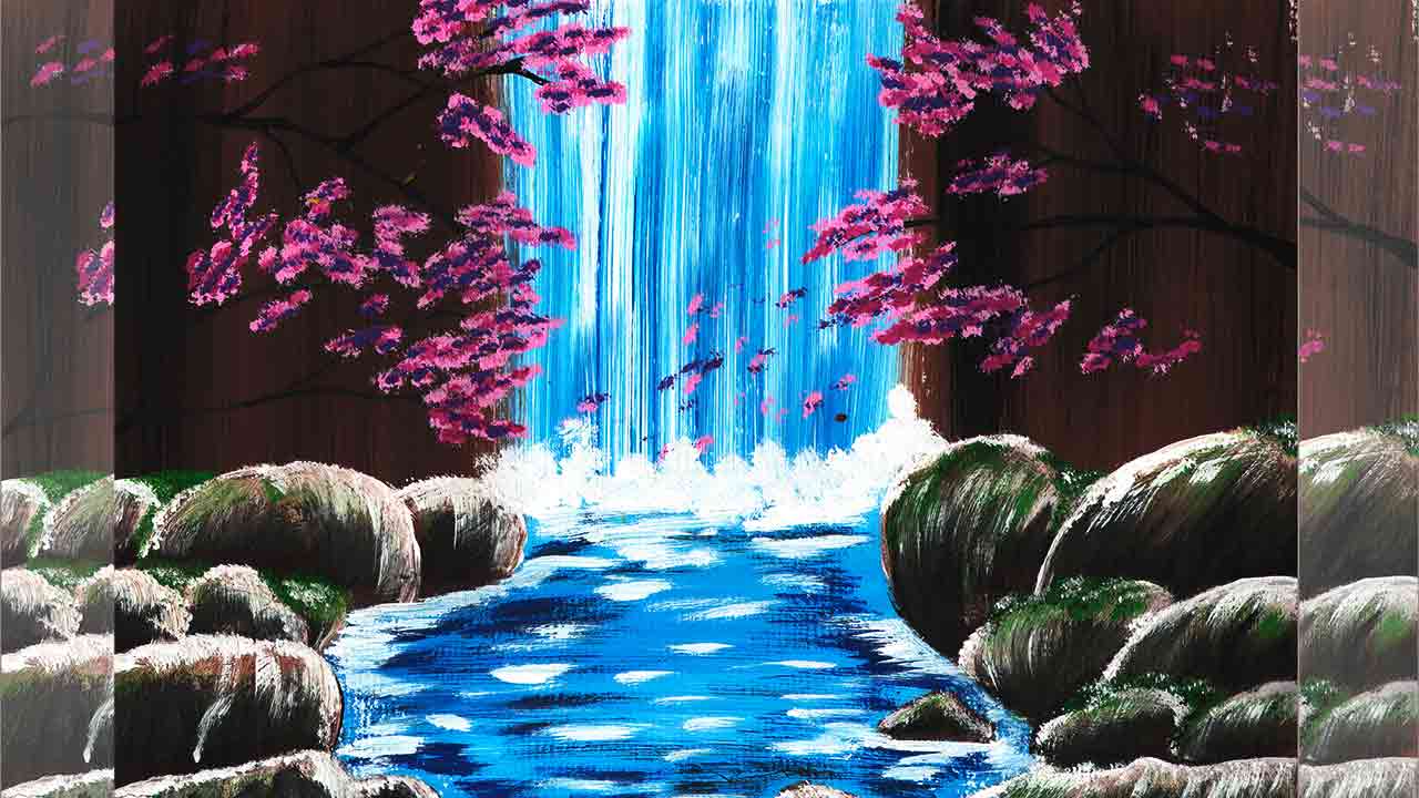 Как нарисовать водопад между двух гор. Детский рисунок цветными карандашами
