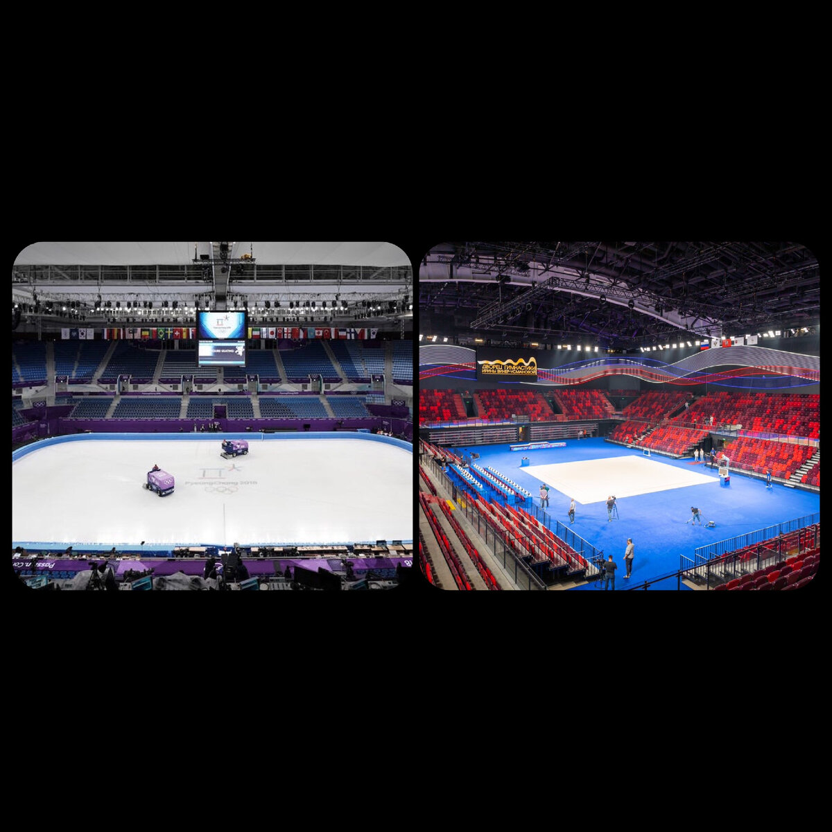Ледовая арена (фото с официального сайта Спортрбк). Ковер для художественной гимнастики (фото с твиттера МосСобянин)