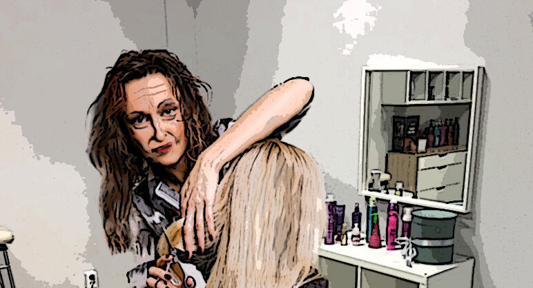 Иллюстрация. Парикмахер на дому стрижет клиентку