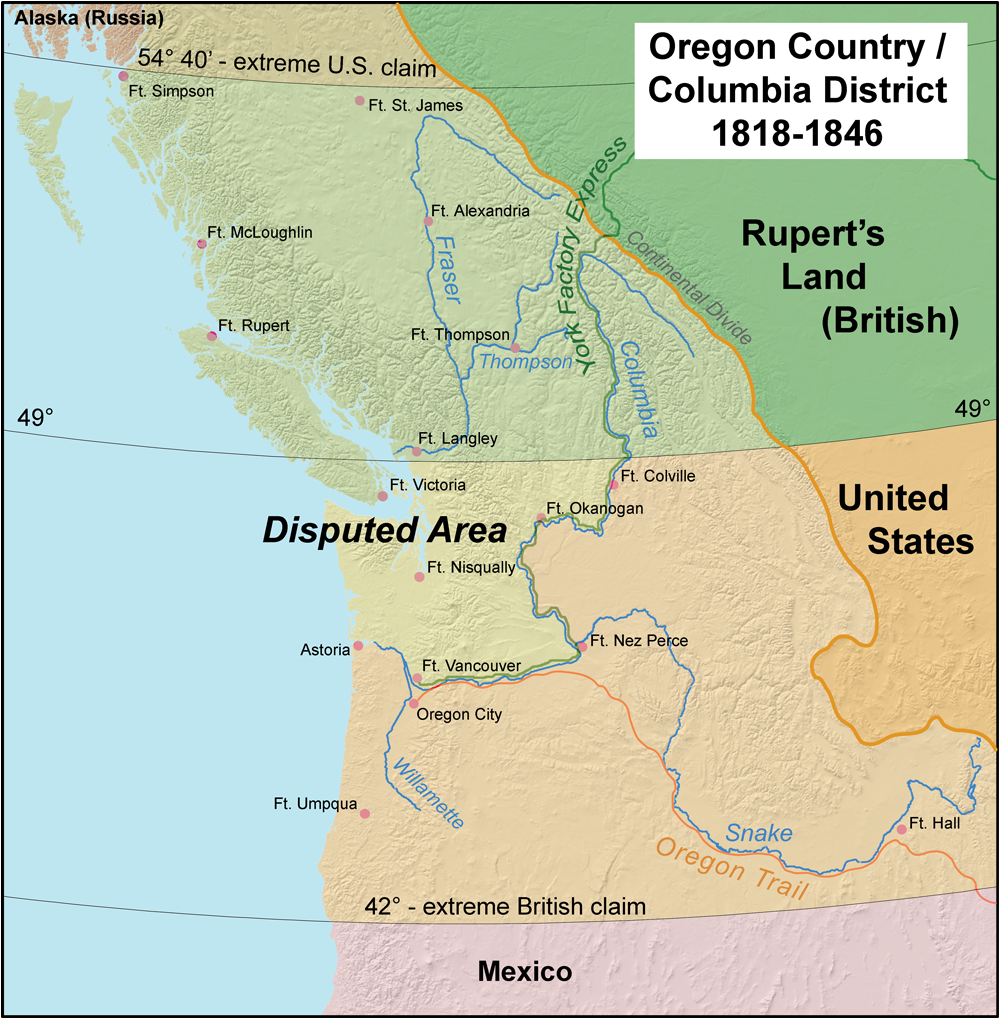 Спорная территория Орегон, разделенная между Британией и США в 1846 г. 