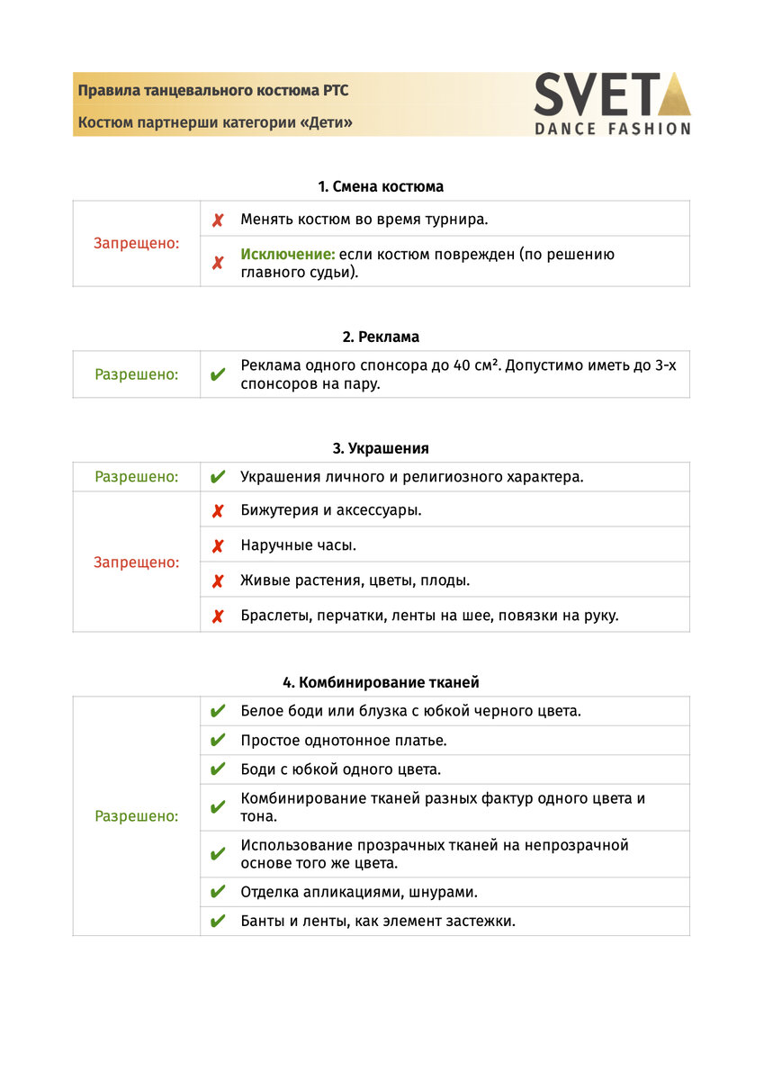 Правила танцевального костюма РТС – Шпаргалка