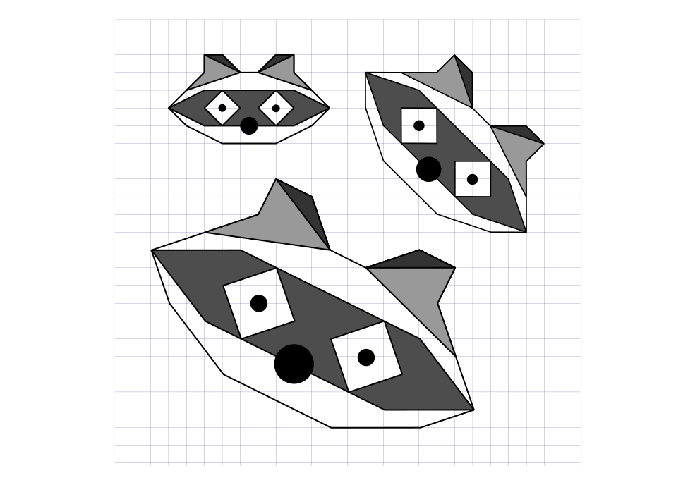 Масштабирование енота с помощью одной и той же сетки. Следите за глазами, по ним можно увидеть, что площадь енота увеличилась в 1² + 1² = 2 и в 1² + 2² = 5 раз.