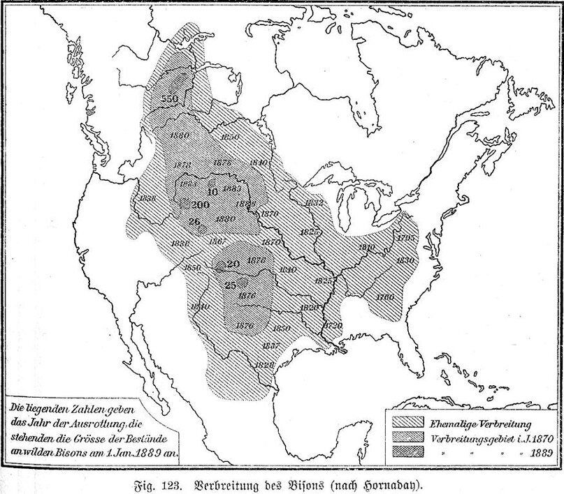 Карта истребления американского бизона к 1889 г. с указанием границ начального ареала