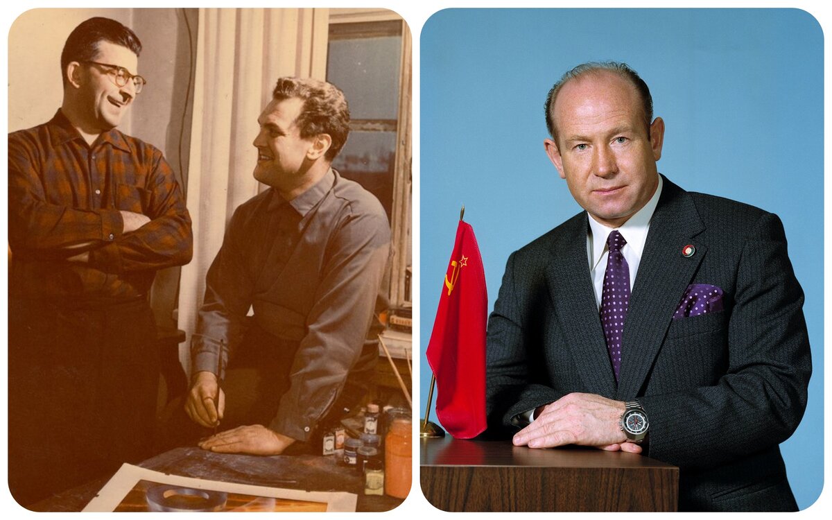 Слева - писатель Аркадий Стругацкий с художником Андреем Соколовым, справа - космонавт Алексей Леонов