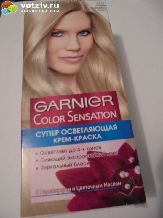 Для окраски отросших концов волос я прикупала в магазине краску для волос GarnierColor Sensation Супер Осветляющая 101 Серебристый блонд​.