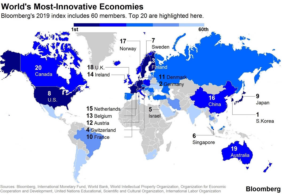 Чем темнее оттенок синего, тем страна более инновационна. Источник: Bloomberg