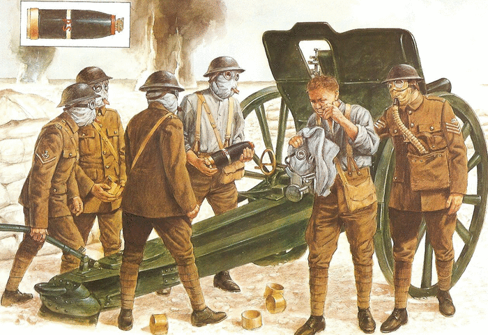 Британский гаубичный расчет на Сомме, август 1916 г .  На рисунке британского художника показан расчет 4,5 дюймовой полевой гаубицы —   основной артиллерийской системы, используемой британцами для стрельбы  химическими снарядами в 1916 г . Гаубичная батарея обстреливается  германскими химическими снарядами, их разрывы показаны в левой части  рисунка. За исключением сержанта (справа) артиллеристы защищаются от  отравляющих веществ влажными шлемами. У сержанта большой коробчатый  противогаз с отдельно одевающимися очками. На снаряде маркировка « PS » —  это означает, что он снаряжен хлорпикрином. По J. Simon, R. Hook (2007) 