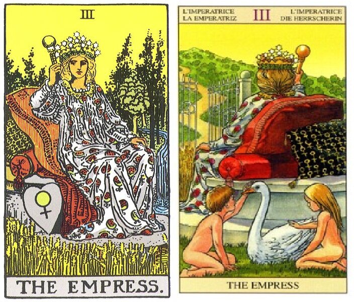 Императрица - Дочь Могущественных. Диадема на голове -символ даров и власти, данных от рождения. На диадеме 12 звезд символ 12 знаков зодиака, 12 месяцев в году, циклов рождения и смерти. Знак Венеры-сексуальность, чувственность, любовь. Река - естественный поток жизни,  Зерна- продуктивный урожай. Держава с мальтийским крестом-владычица неба и земли и мира между ними. Гранат на одеянии - символ плодородия. Дети за спиной - символ завершенности творческого процесса. Лебеди-любовь, птицы, объединяющиеся на всю жизнь. 