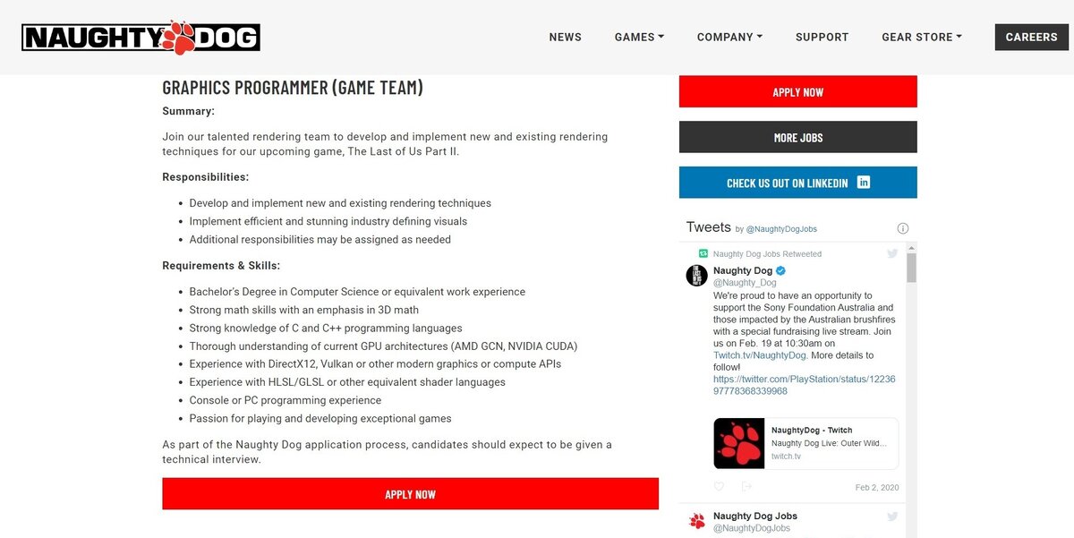 Вакансия, представленная Naughty Dog 