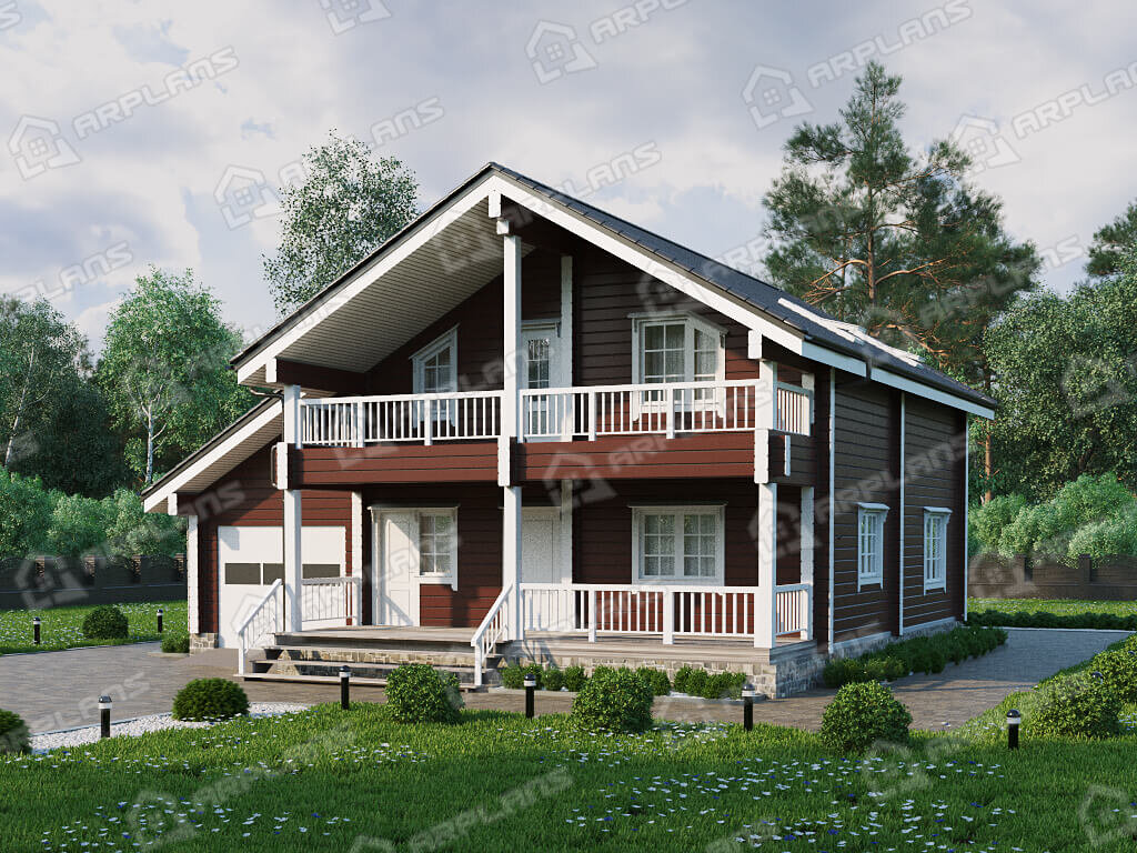 Фото 2 двухэтажного дома из бруса с мансардой, 3 спальнями, балконом, газовой котельной,террасой и гаражом, 200 кв м. Источник arplans.ru Проект ДС-162